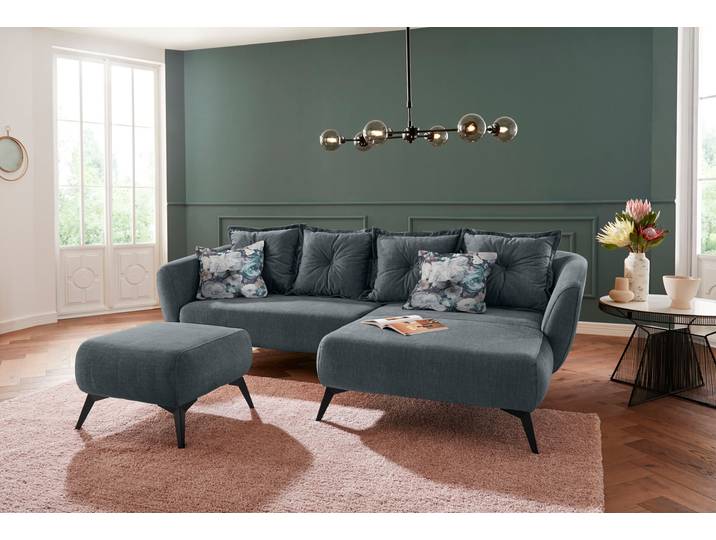 Ecksofa HOME AFFAIRE Baggio romantische Polsterecke, bequem, Breite 277 cm, L-Form , blau (ocean), B:277cm H:80cm T:162cm, Sofas, Ecksofa, Zierkissen inklusive, schwarze Metallfüsse