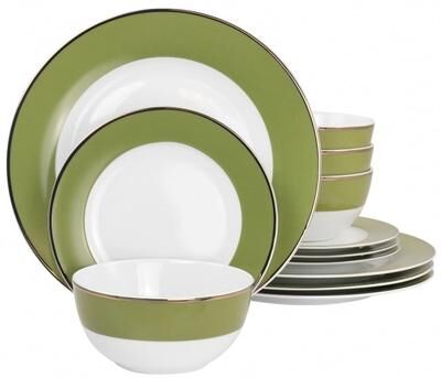 Martha Stewart Gold Rimmed 12pc Fine Ceramic Dinnerware Set in Green