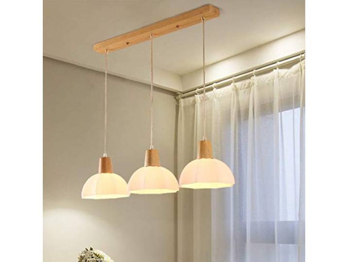 Vintage Holz Pendelleuchte Esszimmer Esstisch Lampe Rechteck Design, Kreativ Decke Kronleuchter Modern Weiß Rund Glas Schirm, Hängelampe Arbeitszimmer Büro Küchenbar, Höhenverstellbar 3-flammig, D60cm
