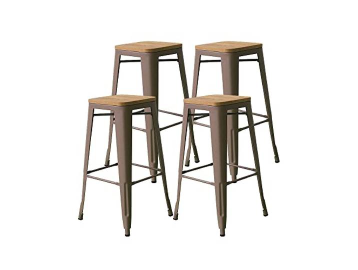 RED DECO Gaston 4er Set Metall Hocker Taupe Industrie-Stil mit Sitz aus hellem Massivholz, grau, one Size
