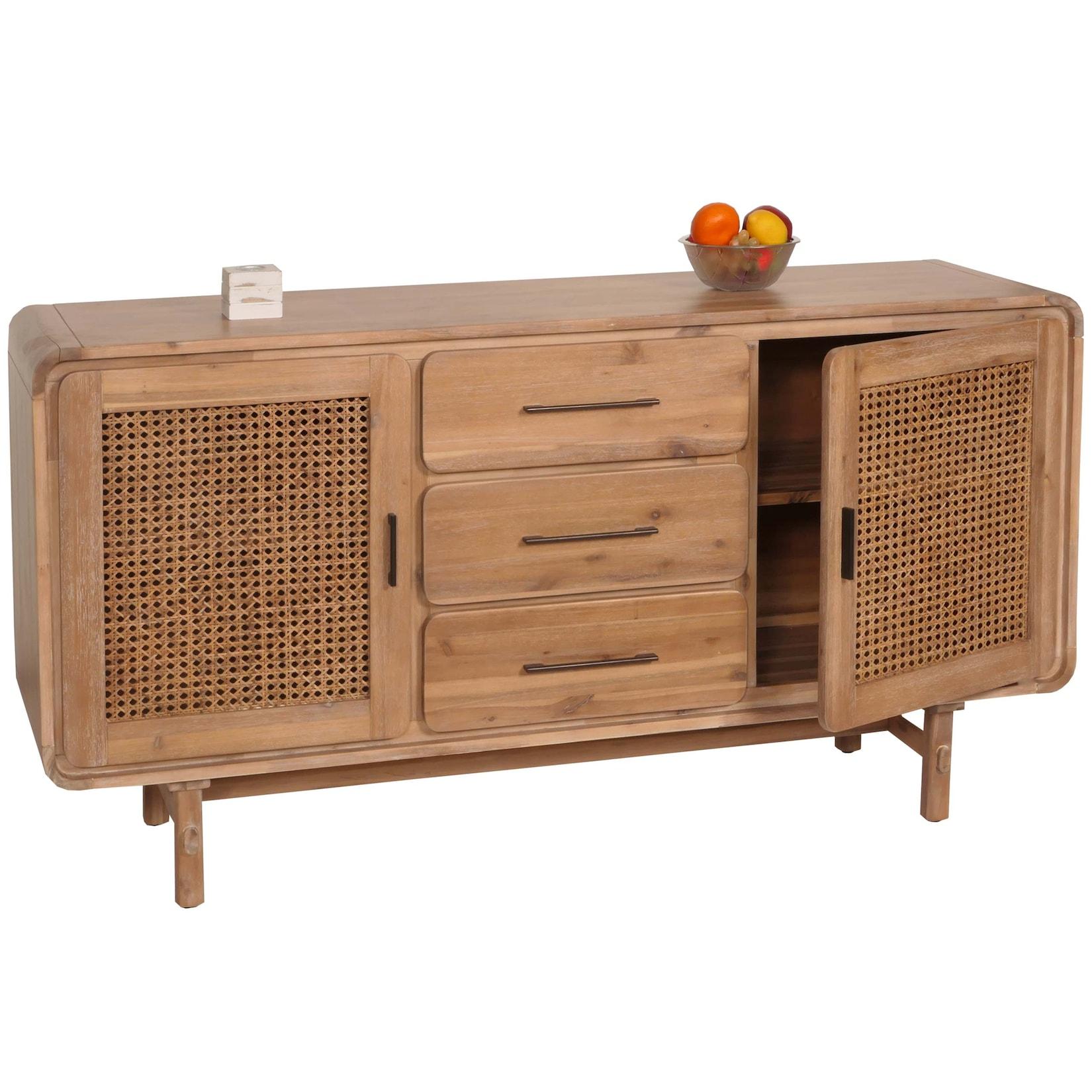 Sideboard MCW-M47, Schrank Kommode Highboard, Staufächer Schublade, Rattan Akazie Massiv-Holz gebeizt 83x160x45cm 47kg