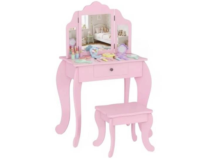 HOMCOM Kinder-Schminktisch-Stuhl-Set mit Spiegelhocker Rosa Mädchen-Schminktisch-Set, Toilettentisch, Schublade