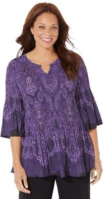 Plus Size Women's Affinity Chain Pleated Blouse by Catherines in Purple Paisley (Size 1XWP)
