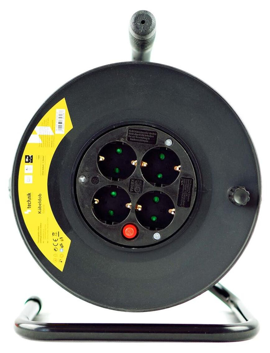 Technik Kabelhaspel 25m - 4-voudig met randaarde - 3x1.5mm2 - zwart
