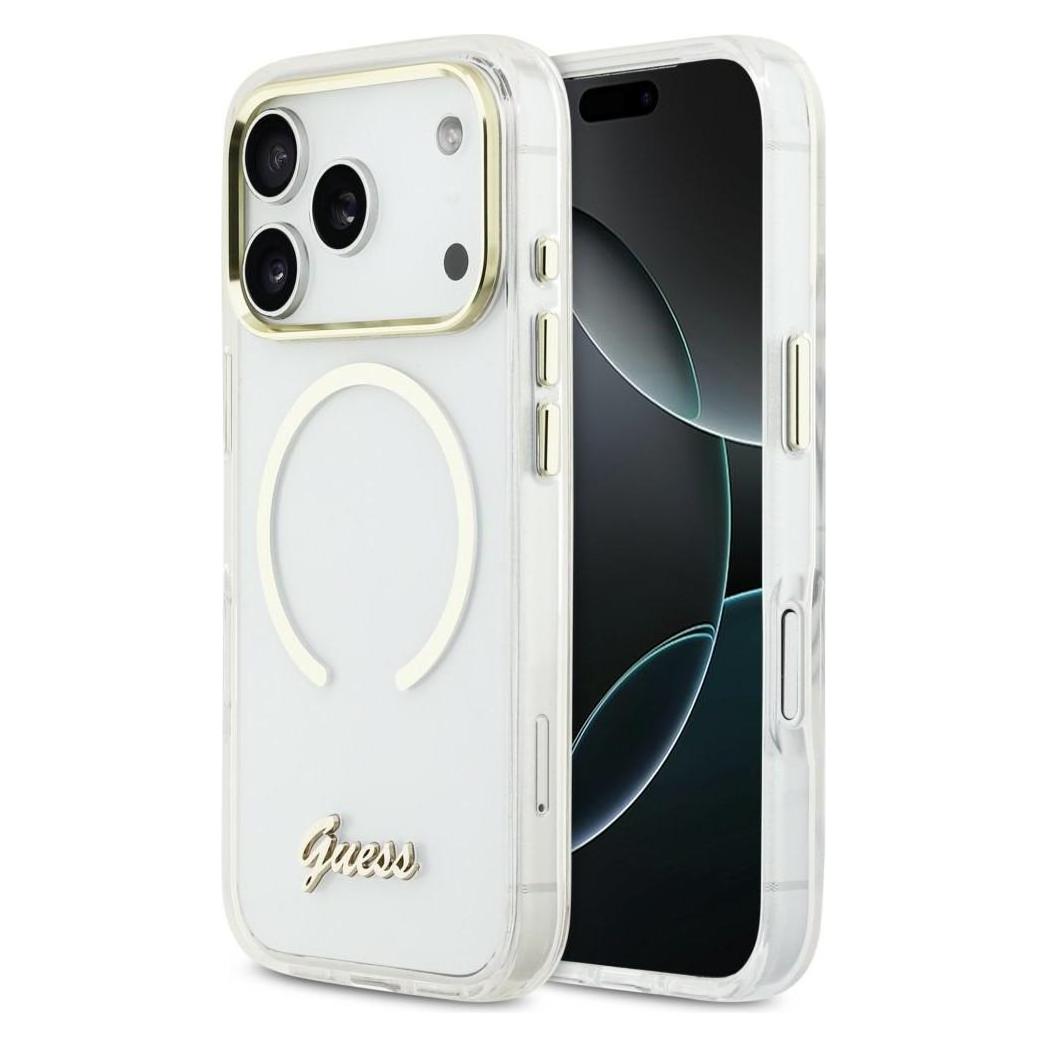 Guess Etui IML Script Metal MagSafe do iPhone 17 Pro przezroczysty (Apple iPhone 17 Pro) (GUE005270)