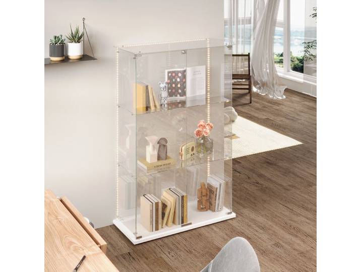 Vitrine en Verre avec Led Meuble Vitrine en Verre Armoire Vitrine Salon Vitrine Meuble 2 Portes 3 éTages Blanc