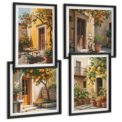 BILDER SET 4er Set - 50x50 cm & 40x60 cm Schwarzer Rahmen - Zitrusfrüchte in der Sonne