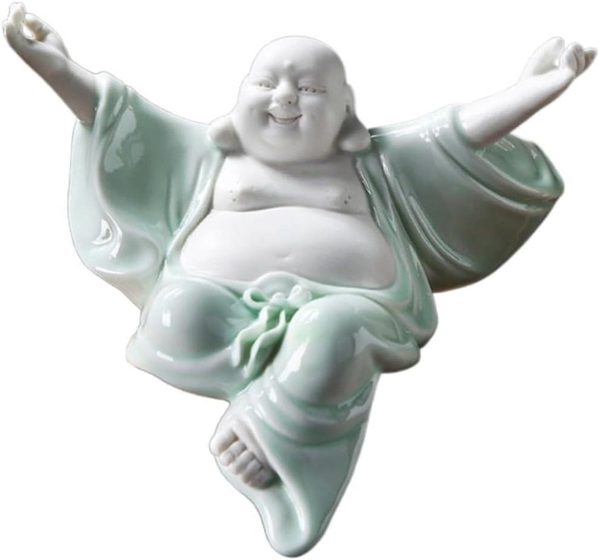 Wit Keramisch Buddha Beeldje - Vrolijke Geluksboeddha Zen Decoratie - H x B x D: 15,5 x 6,5 x 11 cm