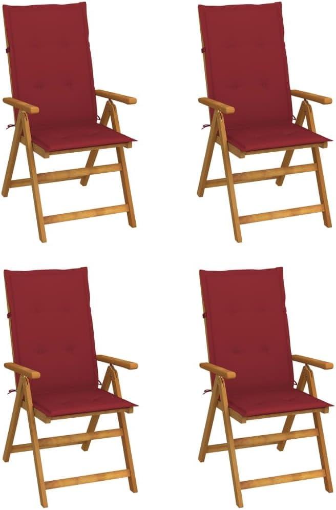 4 Gartenstühle aus massivem Akazienholz mit Kissen, wetterfeste Außenstühle für Terrasse und Garten, Weinrot