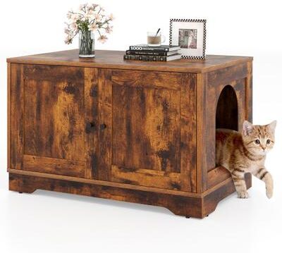 Costway Cat Litter Box Enclosure Furniture Indoor Wooden Cat House End Side Table Nightstand-Brown