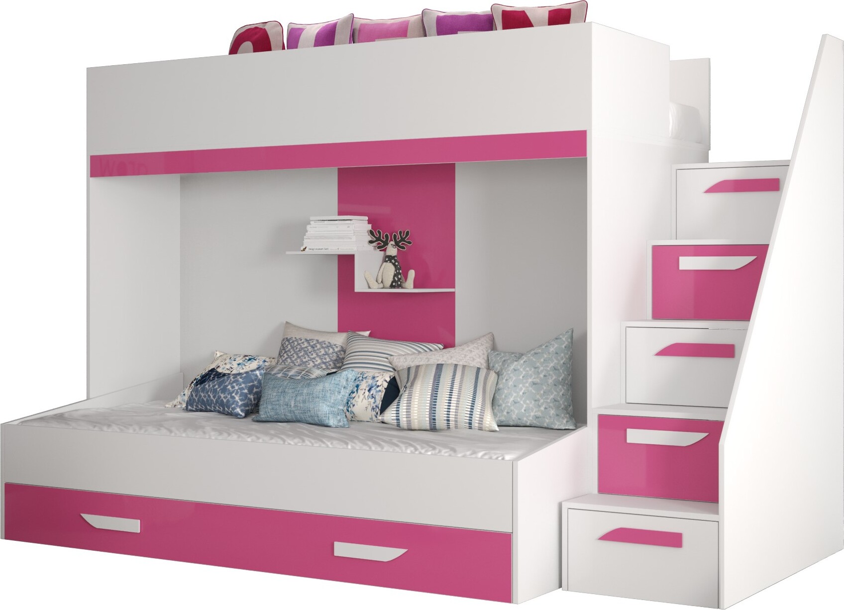 Etagenbett für Kinder Party 16 Stockbett mit Treppe und Bettkasten (Weiß + Rosa Glanz)