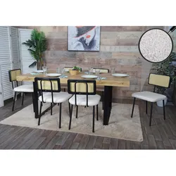 6er-Set Esszimmerstuhl MCW-K88, Lehnstuhl Stuhl, Holz Poly-Rattan Metall Bouclé ~ Stoff/Textil weiß