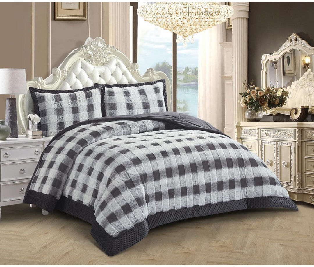 PRiME Microfiber Chequered Bedspread Grey King Bedspread + 2 King Pillowcases
