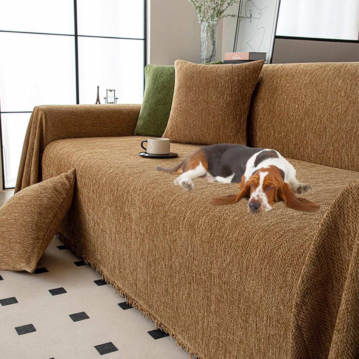 Bankovertrek Chenille Meubelbeschermer Kaki 180 x 380 cm