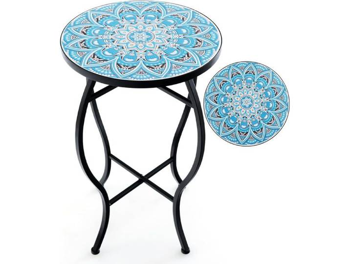 GOPLUS Table Support pour Plantes en Mosaïque avec Plateau en Carreaux Cadre en Métal 30X30X50 CM Bleu+Noir