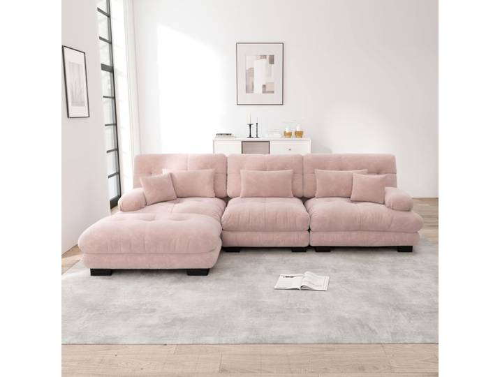 Canapé d'angle Canapé convertible – en velours tricoté avec pouf style Cloud rose