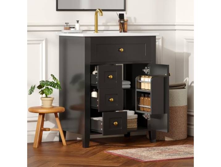 BXEYXE 61 cm freistehender Badezimmerschrank mit hochglänzender schwarzer Lackierung, Klappschublade, DREI Auszugschubladen und Einzeltür mit Einlegeböden – Wasserhahn Nicht im Lieferumfang