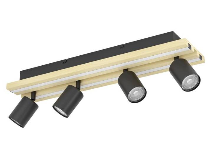 Plafonnière 4 lumières\, modèle Gesteira\, noire avec éléments en bois