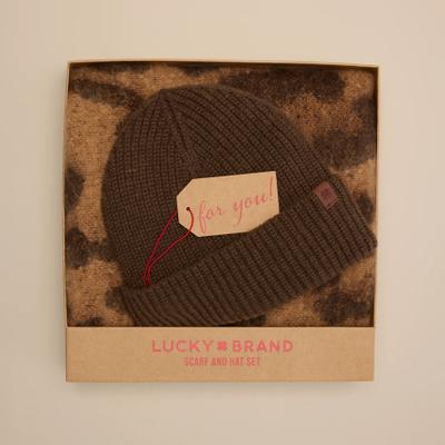 Lucky Brand Leopard Scarf And Hat Box Set - Women's Accessories Hat in Buff, Size OneSize