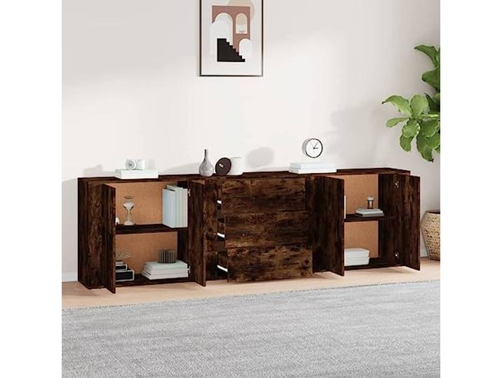 KTHLBRH Sideboards 3 Stück Eiche Rauchholz mehrschichtig Großer Stauraum, Ausstellungsfläche, Montage mit Handbuch, Wandbefestigung inklusive