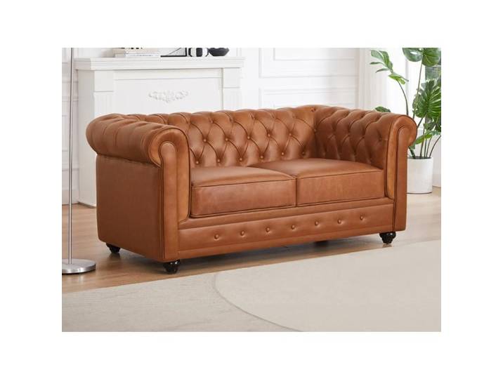Canapé 2 places en cuir de vachette camel CHESTERFIELD