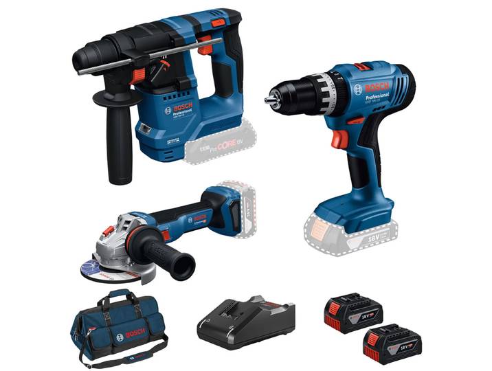Bosch – Pack De 3 Outils Électroportatifs 18v – Perceuse-visseuse À Percussion Gsb 18v-25 – Marteau Perforateur Gbh 18v-18 – Meuleuse Gws 18v-8 Avec 2 Batteries 4.0ah