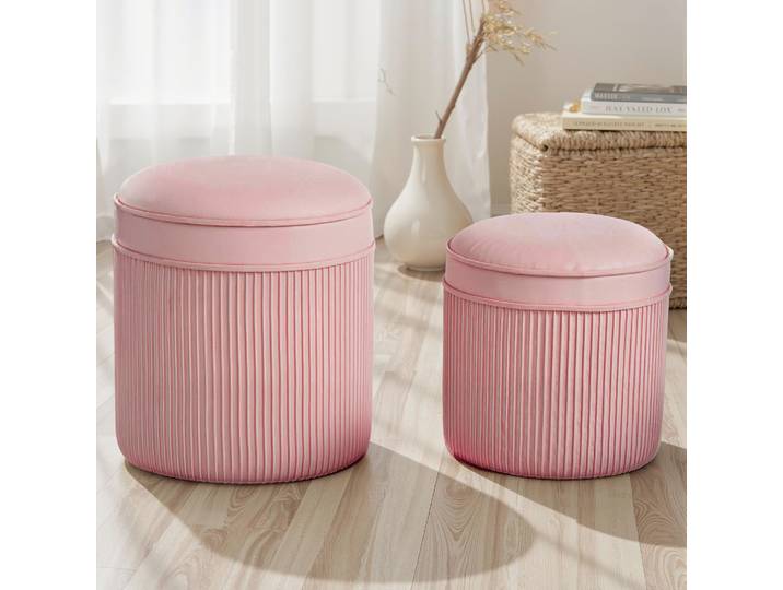 HOMCOM Set 2 Poufs Ronds Velours Rose avec Coffre 34,8L