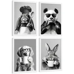 POSTER 4er Set Lustige Tiere Schwarz Weiß Wandbilder Hase Panda Golden Retriever Koch Küche Deko Weißer Rahmen A3