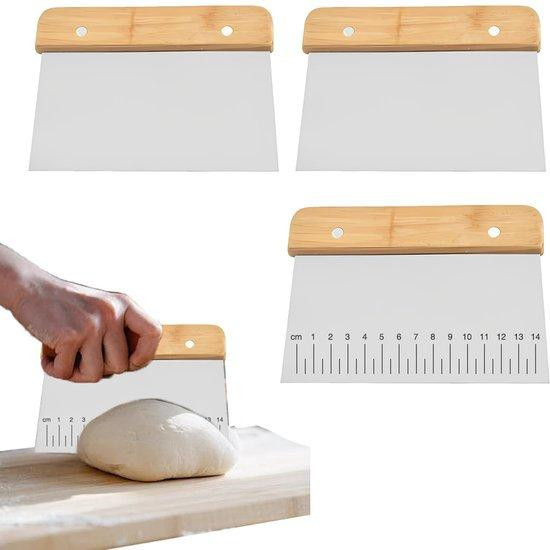 Unyqoos 3-delige set deegschrapers van roestvrij staal met ergonomische houten handgreep en geïntegreerde meetstreep
