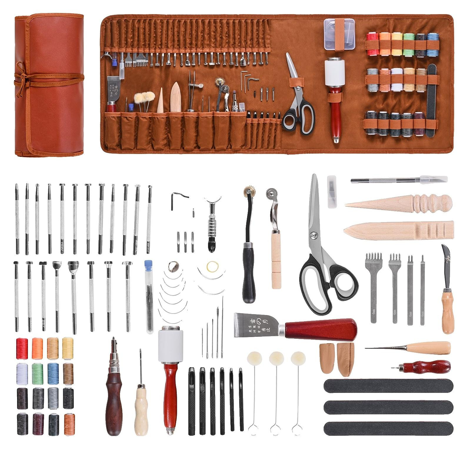 VEVOR 92-delige set leerbewerkingsgereedschap met bruine canvas opbergtas