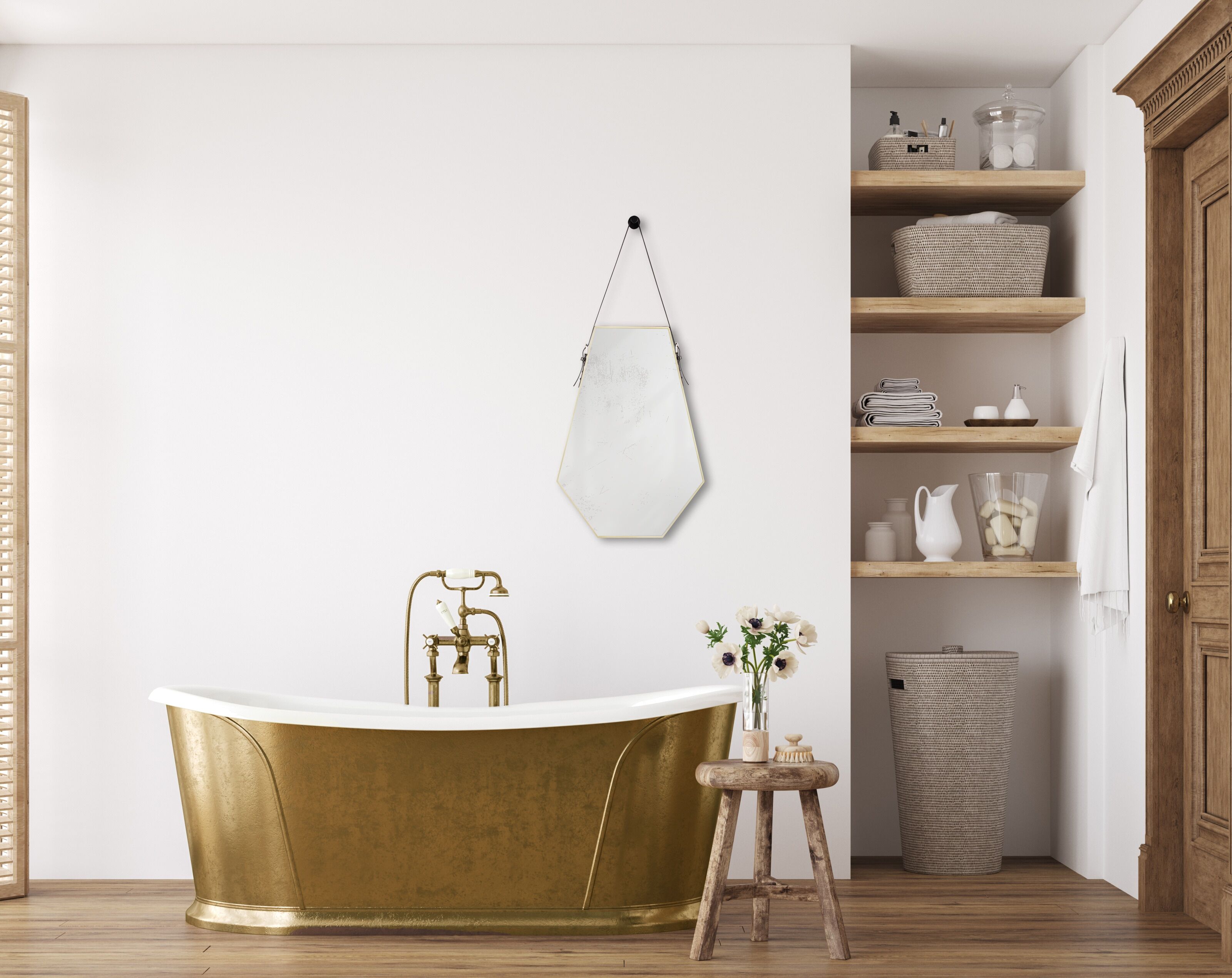 Dekospiegel MIRRORS AND MORE "Emmi", gold (goldfarbig), B:48,5cm H:66cm, Kunststoff, Spiegel, Dekospiegel, sechseckige Form, dekoratives Lederband