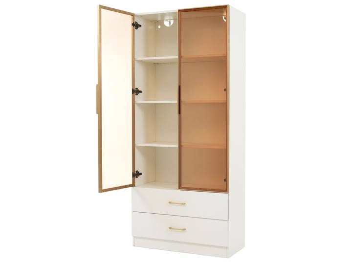 Vitrine haute blanc 2 grands tiroirs et 2 portes, avec LED