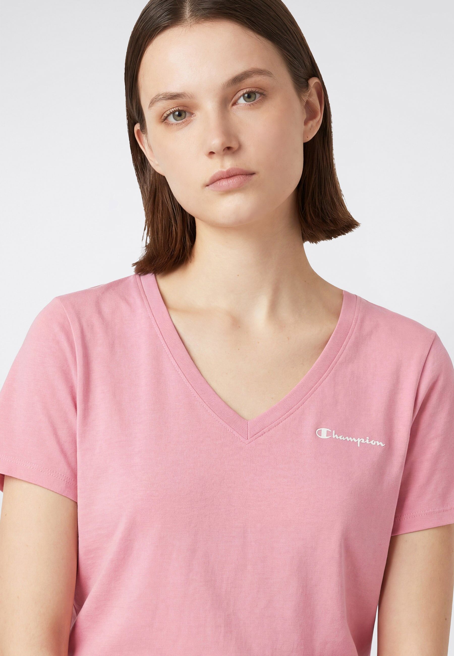 T-Shirt CHAMPION "ICONS CONTRAST V-Neck T-Shirt", Damen, Gr. L (42/44), rosa (csr), Obermaterial: 100% Baumwolle, Rundhals, Shirts T-Shirt, sportlicher Stil, mit Rundhalsausschnitt, Kurzarmdesign, aus Baumwolle csr L (42/44)
