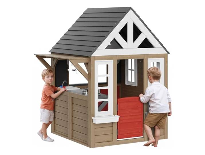 VEVOR Maisonnette Enfants Extérieur en Bois\, Cabine de Jardin pour Enfants\, Maison de Jeux avec Porte\, Fenêtre\, Support de Pot de Fleurs\, Gril\, Cuisinière et Évier Fonctionnelle\, pour Arrière-Cour