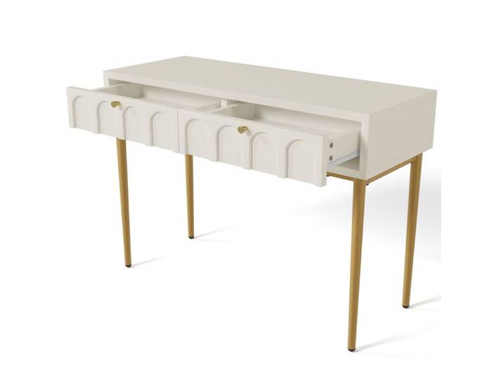 Coiffeuse Blanc Crème Table de Maquillage Elégante 2 Tiroirs Vanité Minimaliste Pieds en Métal Or Bureau Chambre 100x45x76.5cm