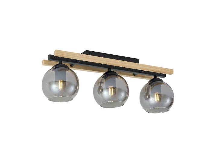 Plafonnier moderne noir avec bois et verre fumé 3 lumières -