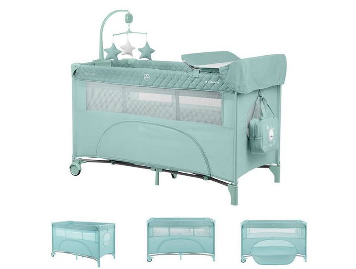 Kikkaboo Baby-Reisebett Nighty Night 2 Ebenen, Wickelauflage, Spielbogen mit Musik, Seiteneingang, Laufstallfunktion