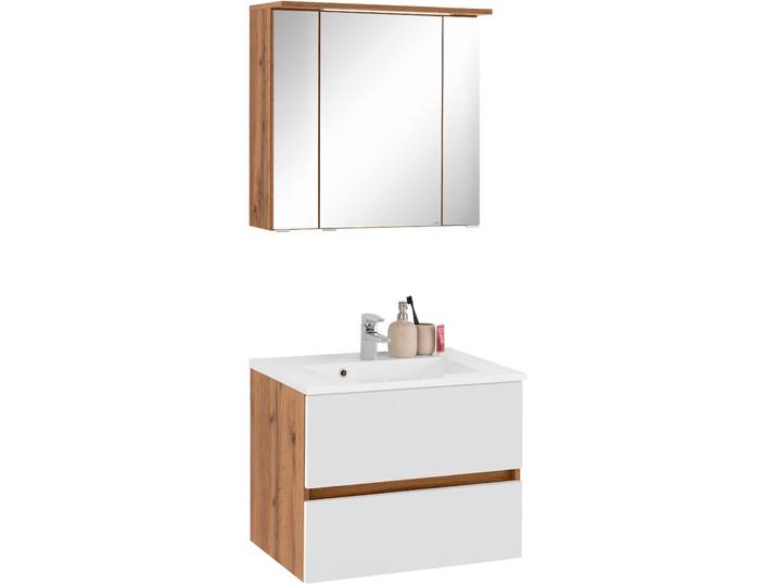 Badmöbel-Set WELLTIME Lucca , weiß (eichefarben, weiß), Kastenmöbel-Sets, Badmöbel-Set, Breite 60 cm, mit LED-Spiegelschrank