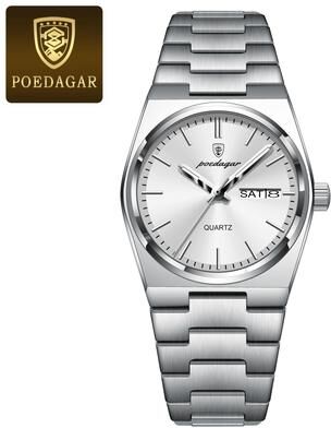 Uplift Essentials Stainless Steel Quartz Watch Waterproof Luxury Timepiece With Date And Week Display For Women silver White