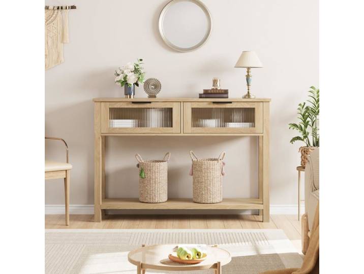 Console de rangement - LUNSY - Deux tiroirs - Deux niveaux - 110x30x80 cm - Beige - Style campagne moderne
