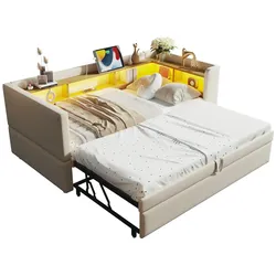 Ausziehbares Schlafsofa 90/180x190 cm mit LED-Beleuchtung, Steckdosen und mehreren Ablagefächern – hochwertiger Komfort in Beige