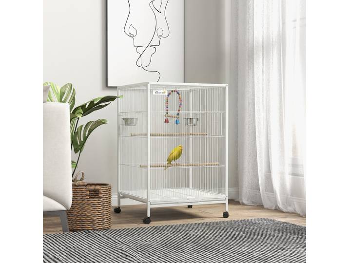 PawHut Cage Oiseaux Blanc 48x46x78cm avec Balançoire et Perchoirs