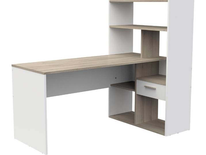 Schreibtisch DEMEYERE GROUP Strate , weiß (matt weiß, eiche), B:156,1cm H:133,4cm T:90,6cm, Tische, Schreibtisch, Schreibtisch Regal 1 Schublade
