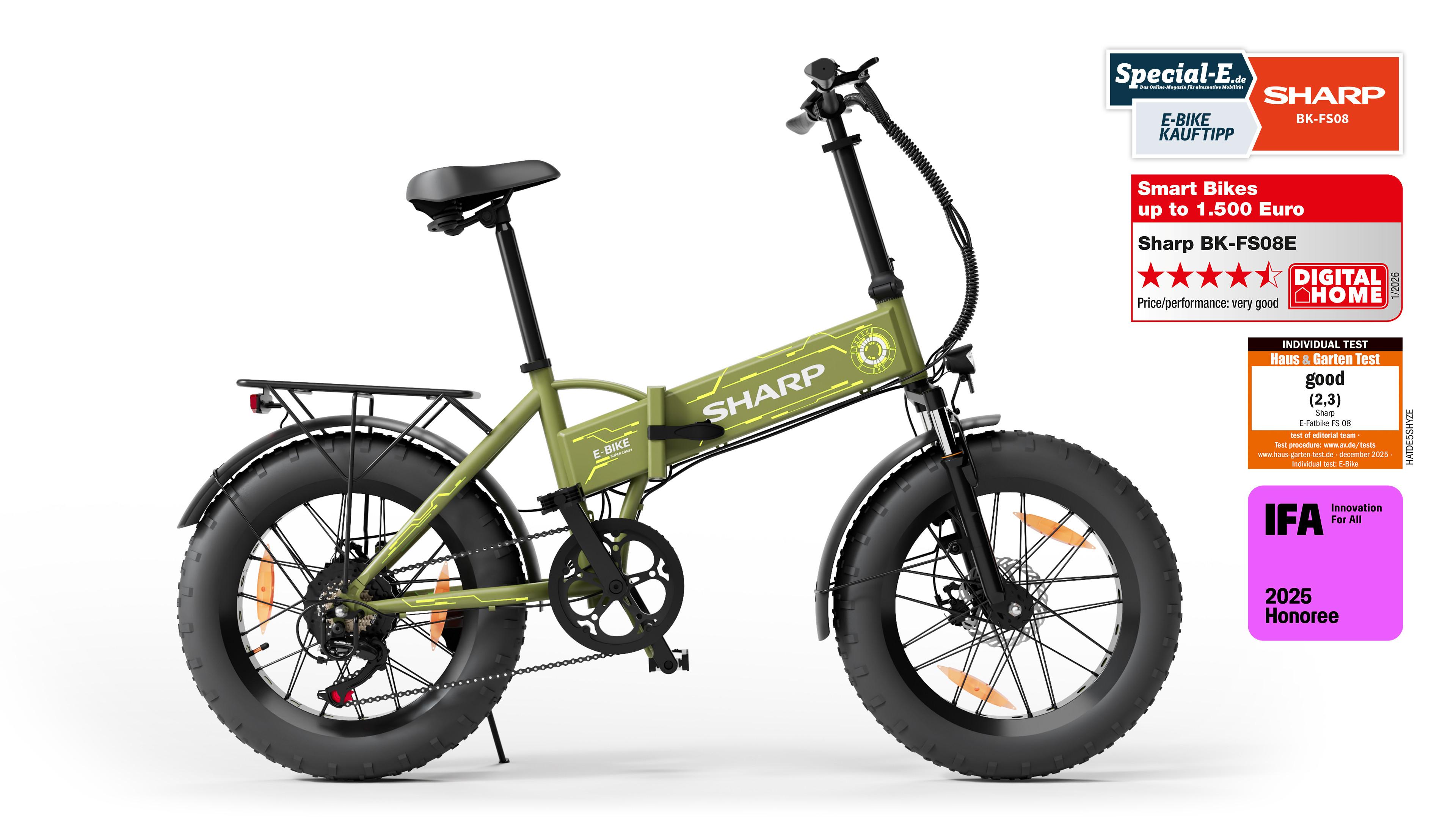 SHARP BK-FS08E-GY - Faltbares E-Fatbike - 20" Elektro-Fahrrad mit 250W Motor & 52 km Reichweite