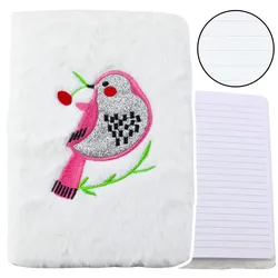 Notizbuch mit Plüschfutter und Vogel-Silber-Glitzer-Weiß