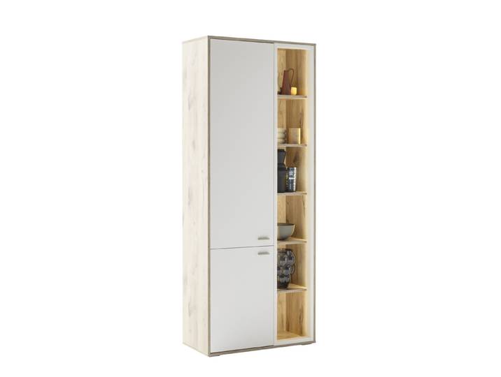 Kombi-Vitrine Santerno , Soft white / Viking Oak , LED Beleuchtung