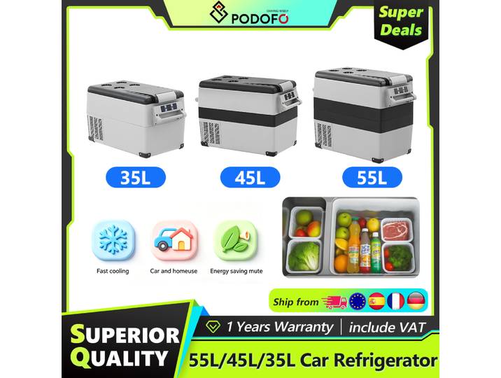 Podofo Réfrigérateur de voiture 35L/45L/55L, mini réfrigérateur congélateur, accessoires pour véhicule, congélateur portable à compresseur, refroidisseur 12/24V DC 110-240V, glacière pour camping et