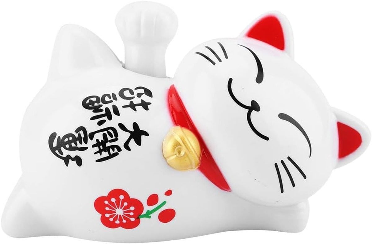 MK Stoer Lucky Cat Auto Accessoires Decoratie - Zonne-energie - Liggend - Wit met Goud