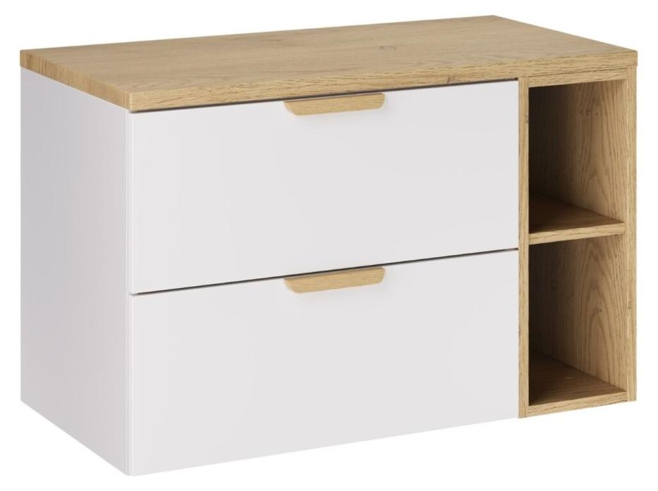 Hängendes Badezimmer-Set OSTER 80cm: Unterschrank mit Schubladen und sichtbaren Fächern + Platte für Waschbecken