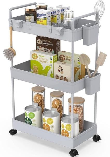 Multifunctionele smalle opbergkar met 3 niveaus, grijs, modern design